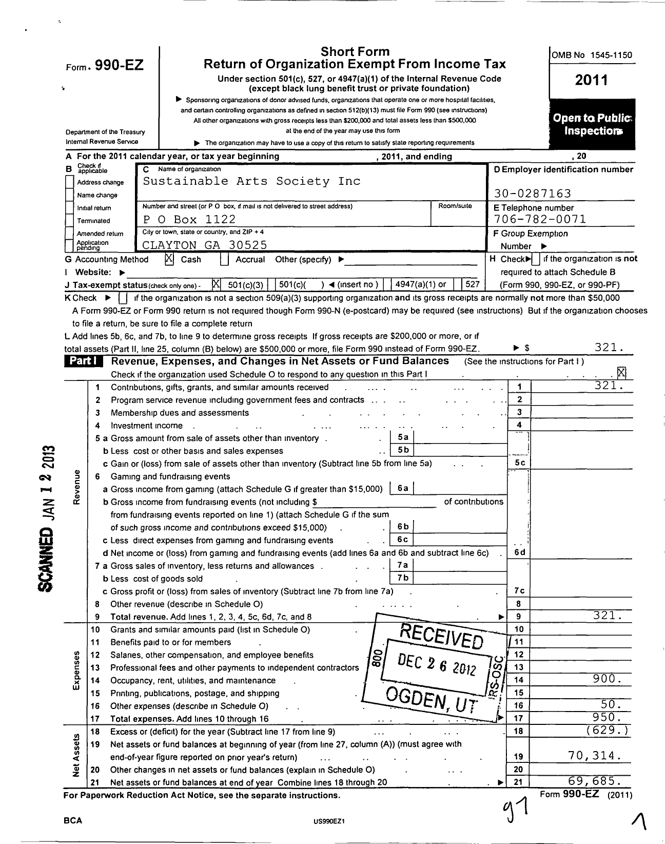 Image of first page of 2011 Form 990EZ for Sustainable Arts Society