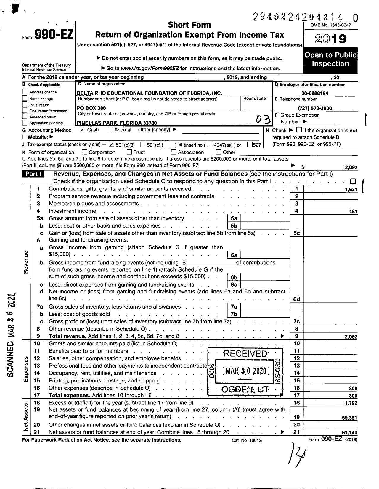 Image of first page of 2019 Form 990EZ for Delta Rho Educational Foundation of Florida