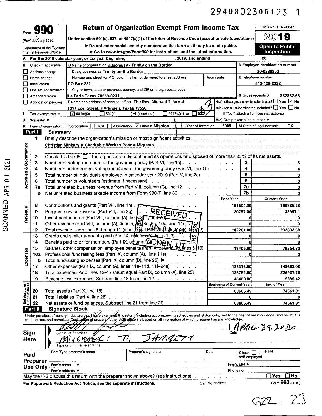 Image of first page of 2019 Form 990 for RUACHWAY Trinity on the Border