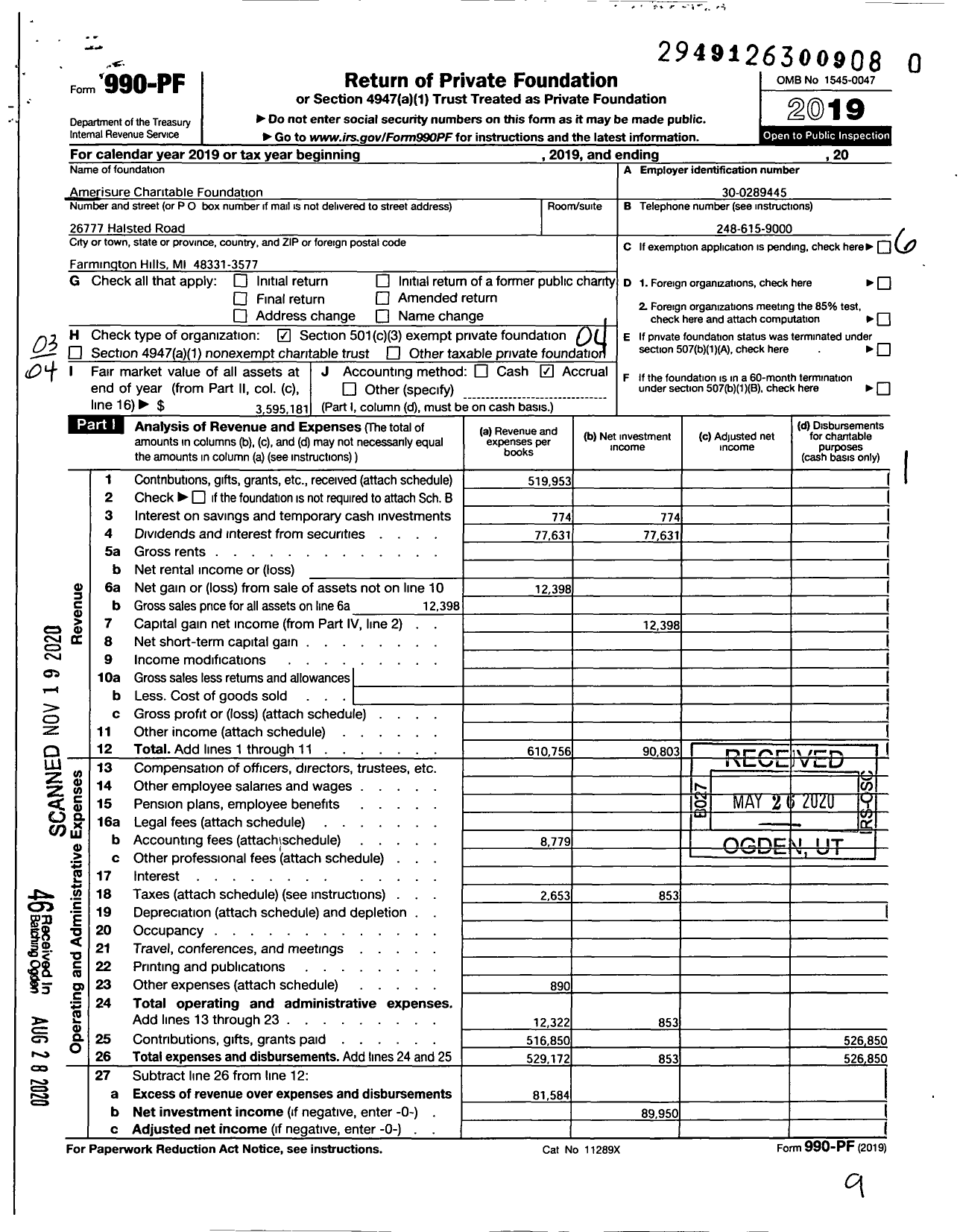 Image of first page of 2019 Form 990PF for Amerisure Charitable Foundation