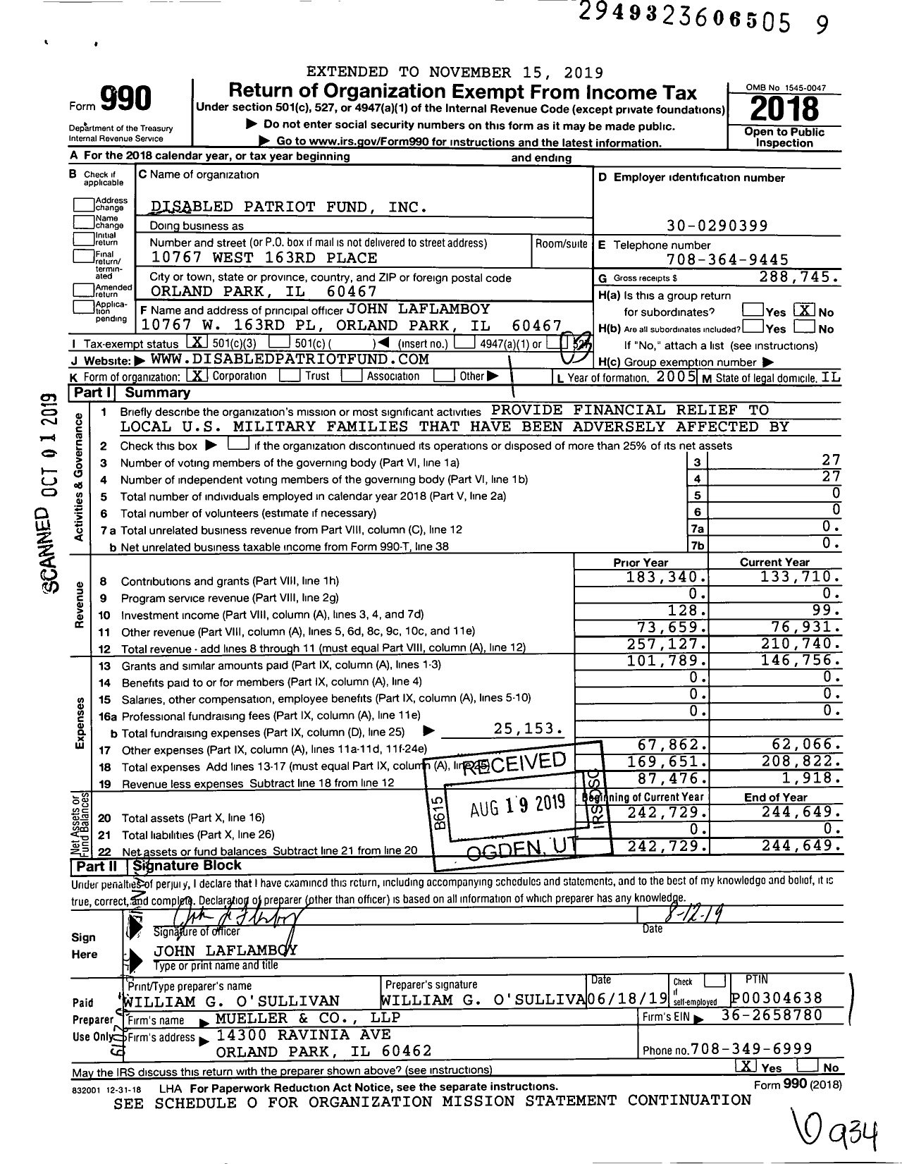 Image of first page of 2018 Form 990 for Disabled Patriot Fund