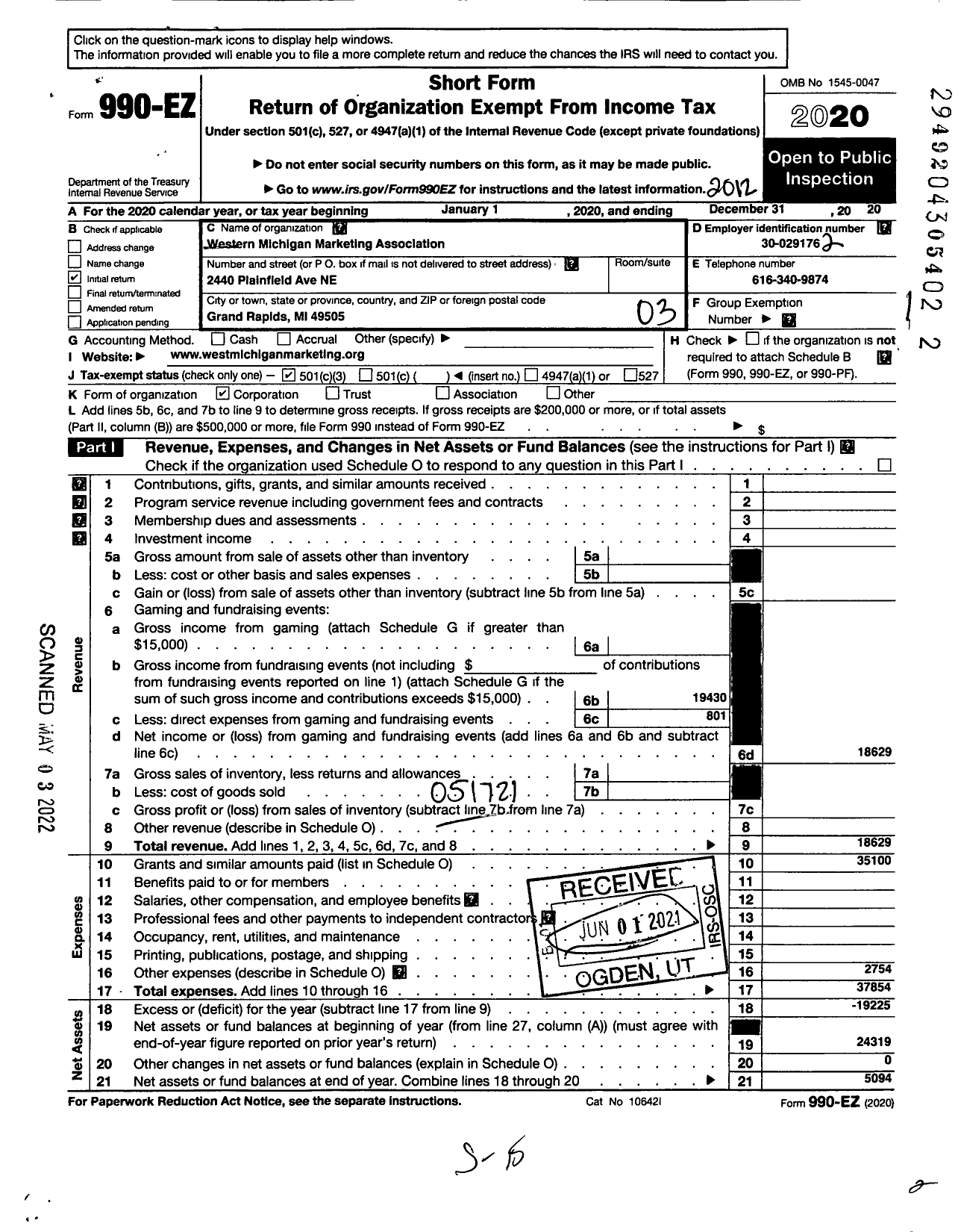 Image of first page of 2020 Form 990EZ for Western Michigan Marketing Association