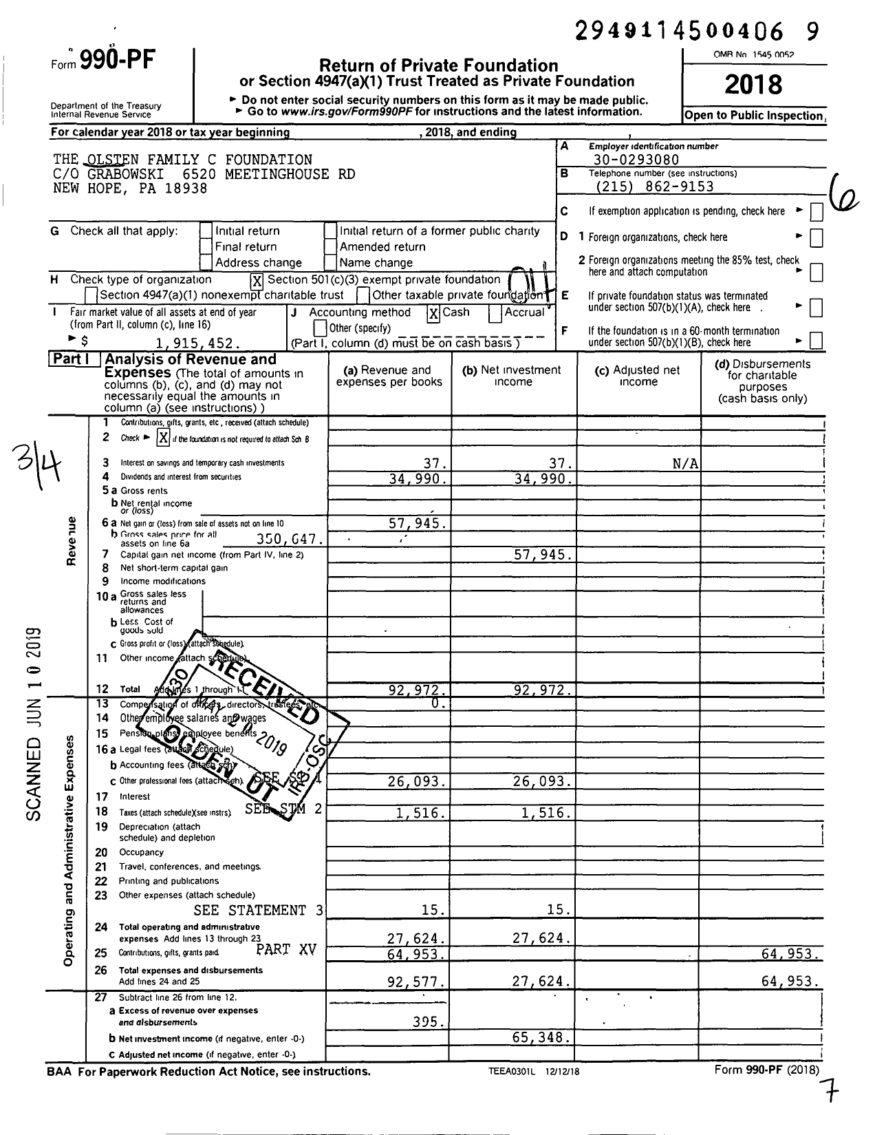 Image of first page of 2018 Form 990PF for The Olsten Family C Foundation