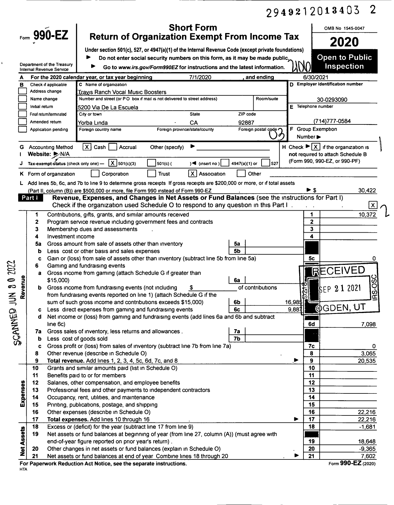 Image of first page of 2020 Form 990EZ for Travis Ranch Vocal Music Boosters