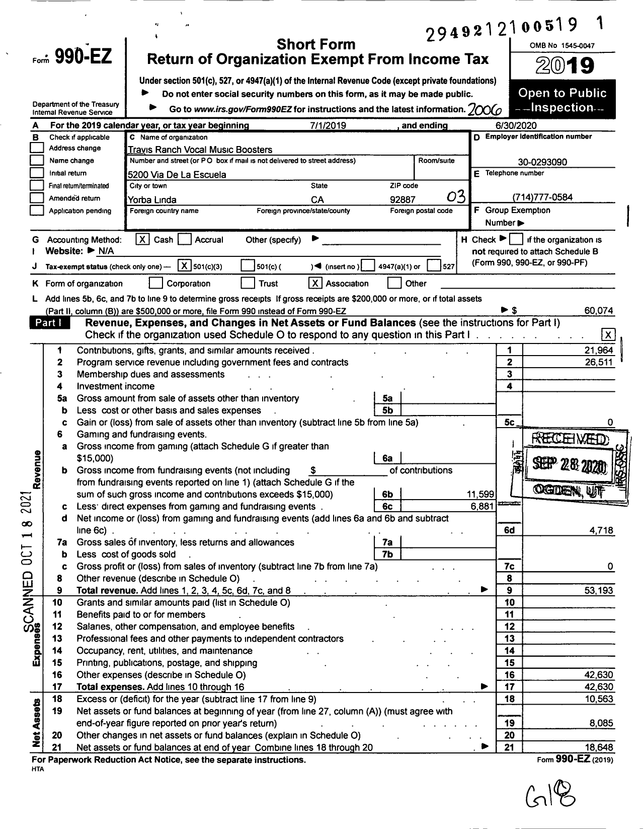 Image of first page of 2019 Form 990EZ for Travis Ranch Vocal Music Boosters