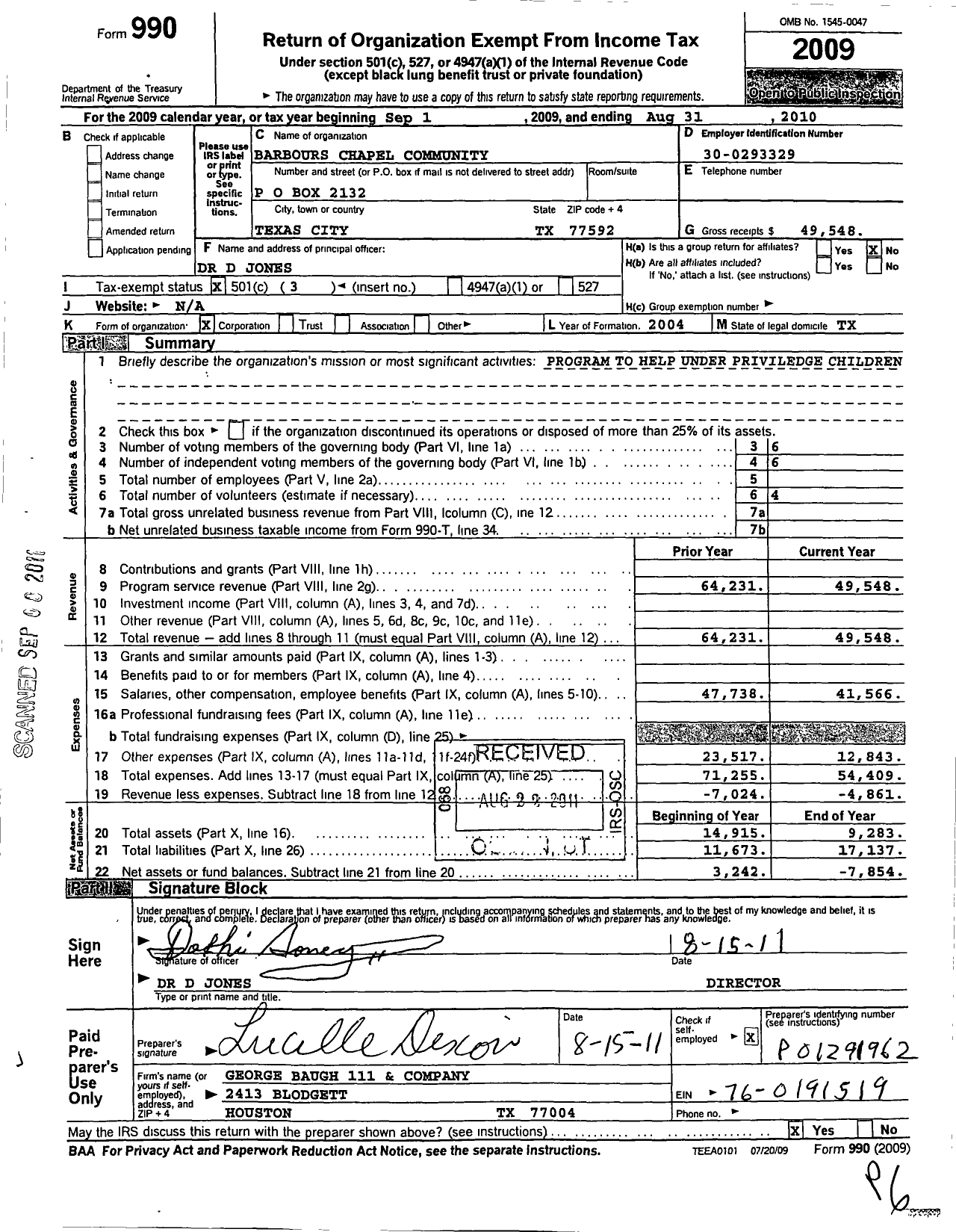 Image of first page of 2009 Form 990 for Barbours Chapel Community Development Corporation