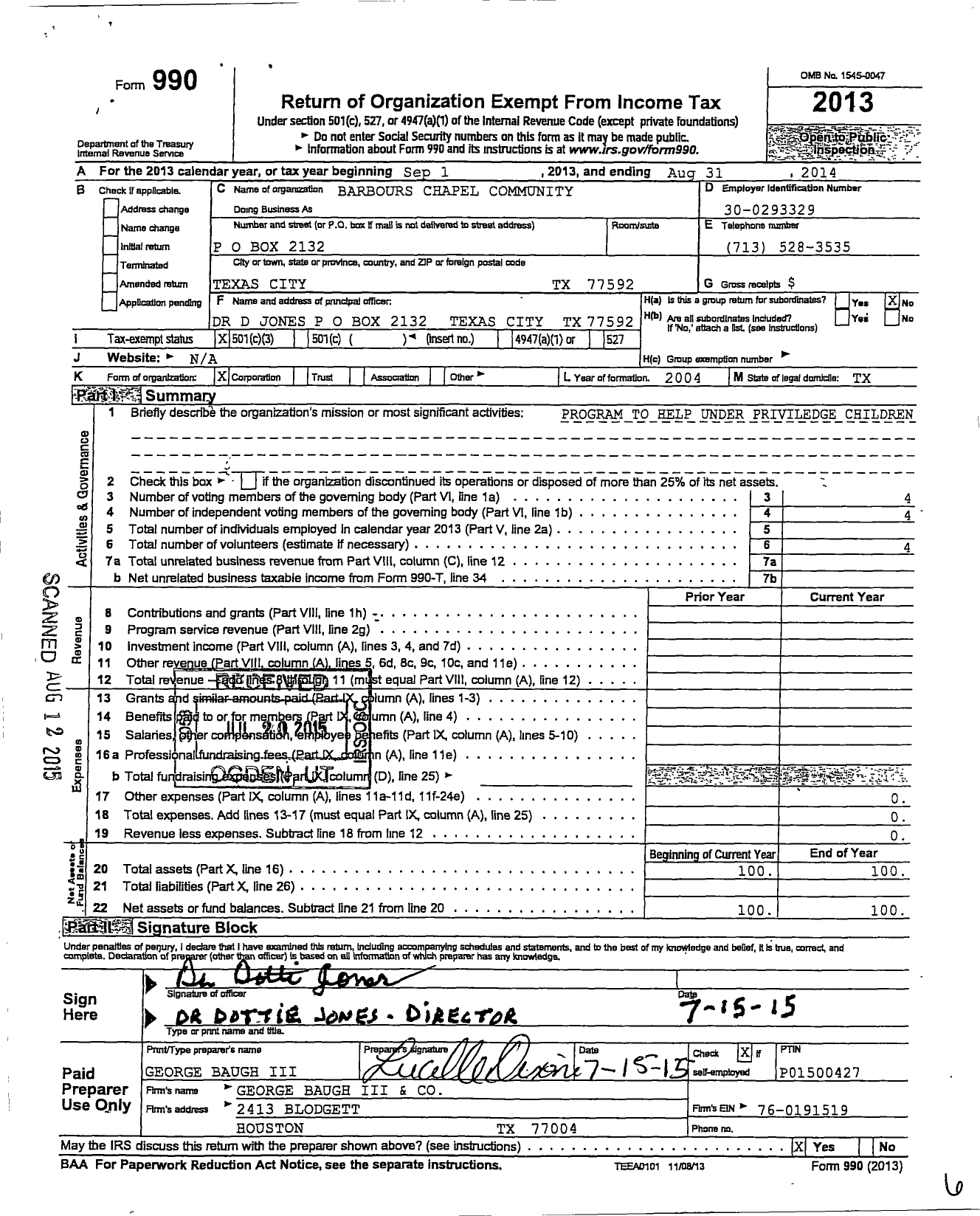 Image of first page of 2013 Form 990 for Barbours Chapel Community Development Corporation