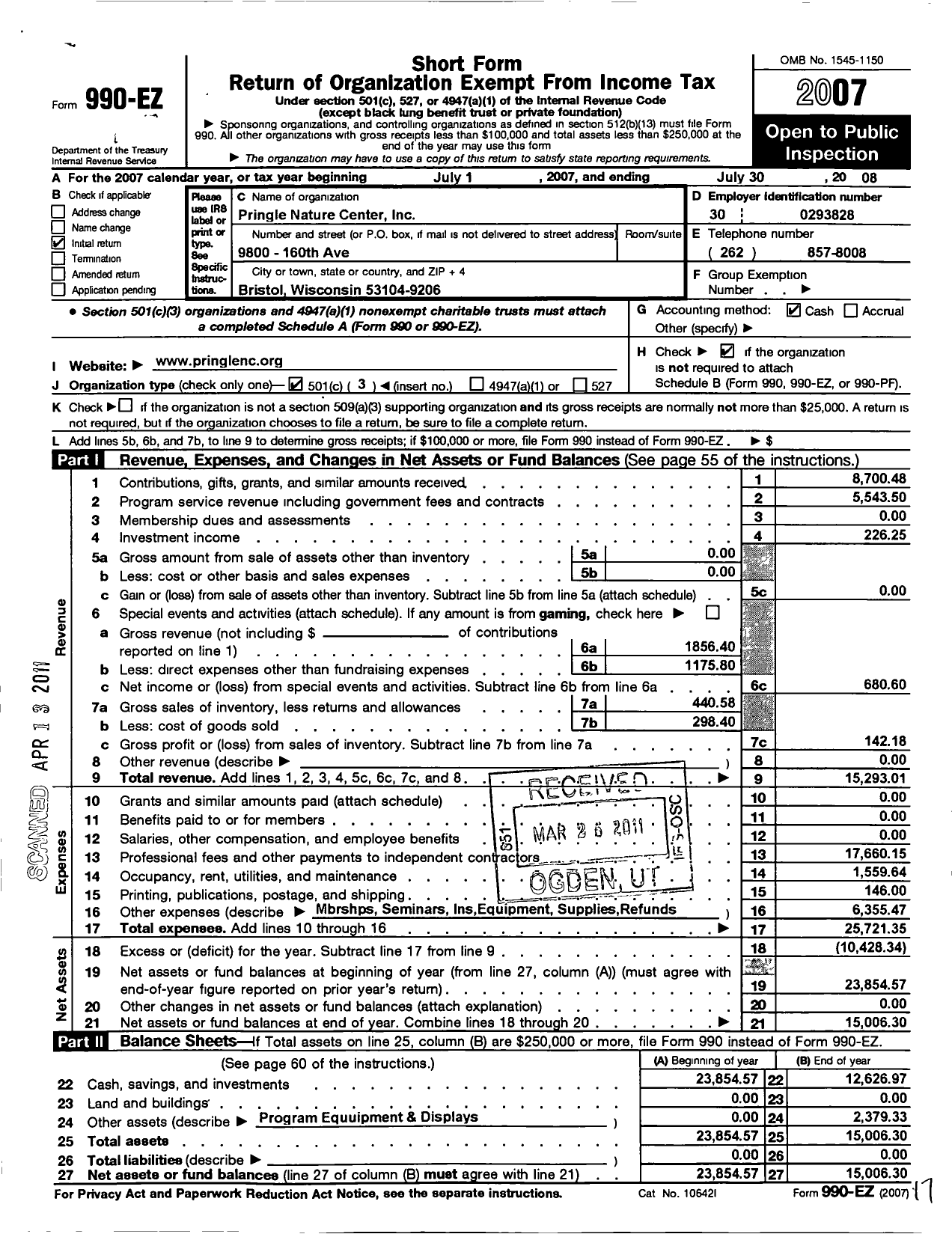 Image of first page of 2007 Form 990EZ for Pringle Nature Center