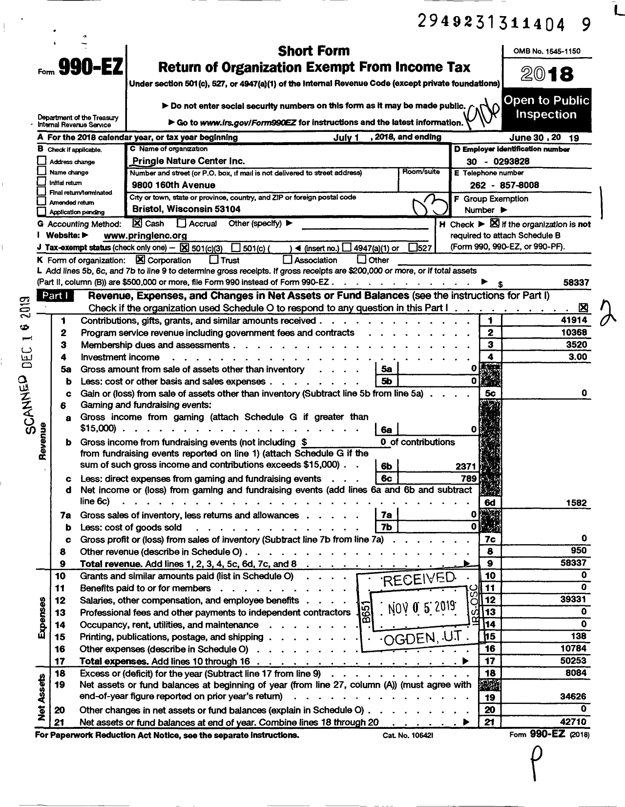 Image of first page of 2018 Form 990EZ for Pringle Nature Center