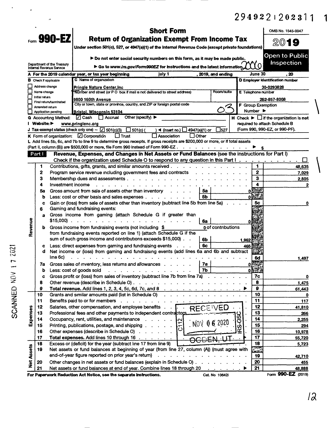 Image of first page of 2019 Form 990EZ for Pringle Nature Center