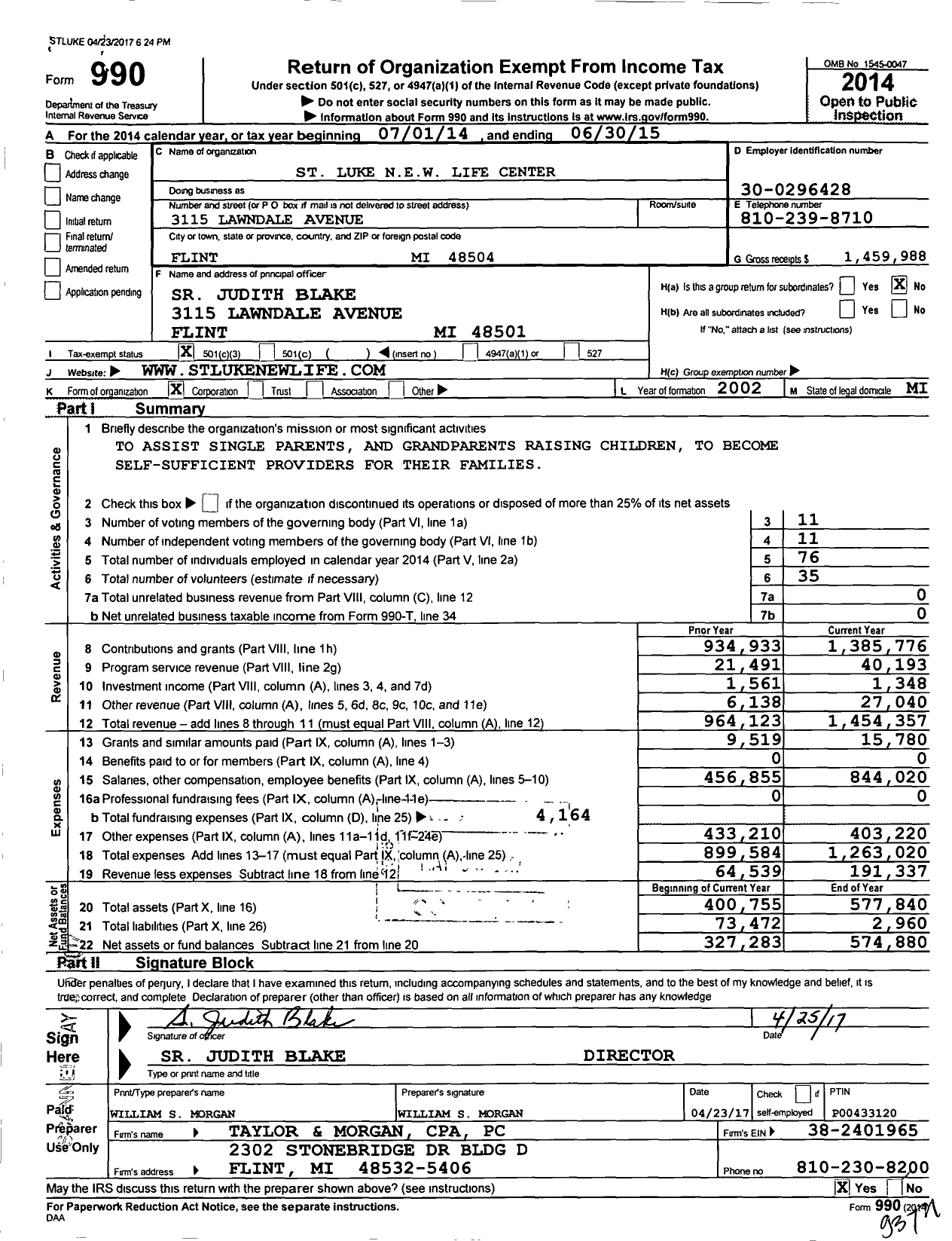 Image of first page of 2014 Form 990 for St Luke New Life Center