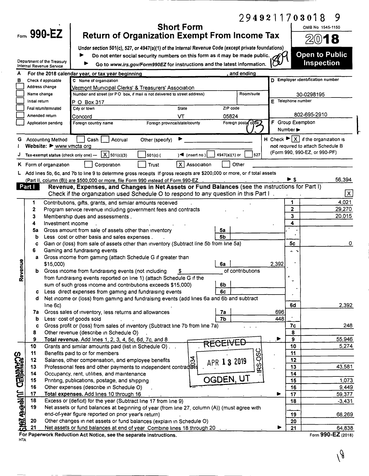 Image of first page of 2017 Form 990EZ for Vermont Municipal Clerks and Treasurers Association