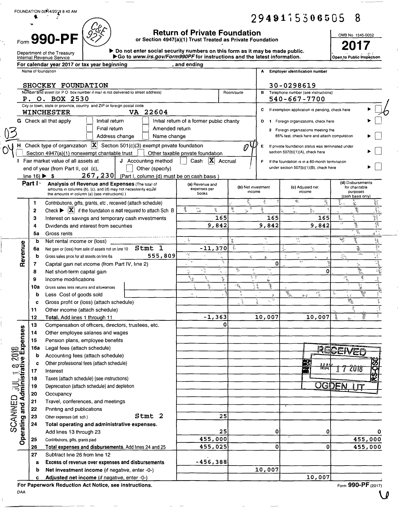 Image of first page of 2017 Form 990PF for Shockey Foundation