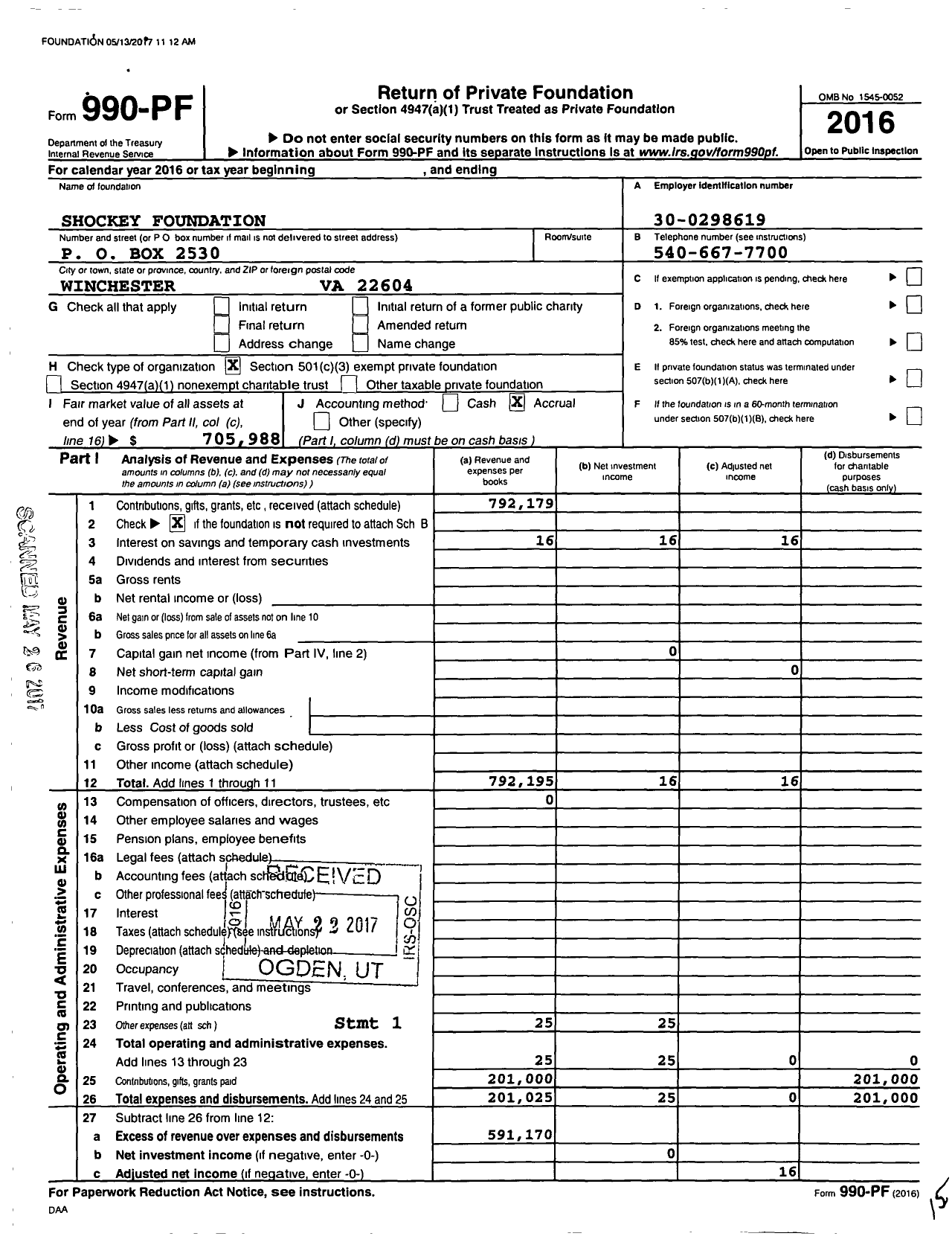 Image of first page of 2016 Form 990PF for Shockey Foundation