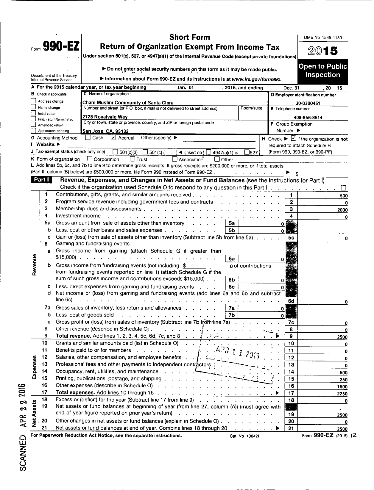 Image of first page of 2015 Form 990EO for Cham Muslim Community of Santa Clara County