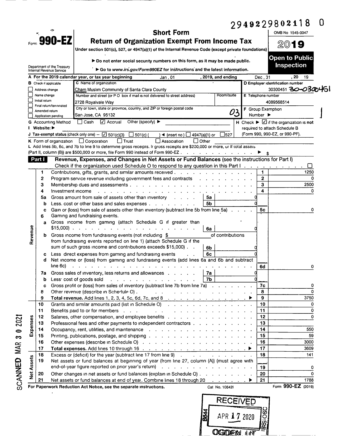 Image of first page of 2019 Form 990EZ for Cham Muslim Community of Santa Clara County