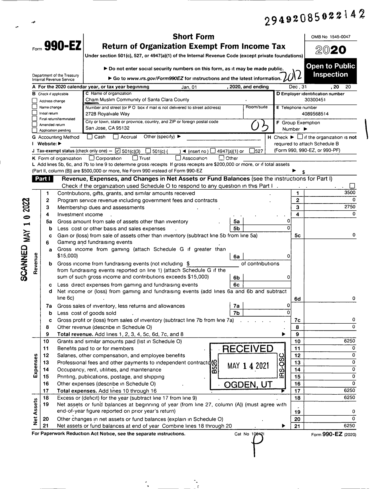 Image of first page of 2020 Form 990EZ for Cham Muslim Community of Santa Clara County