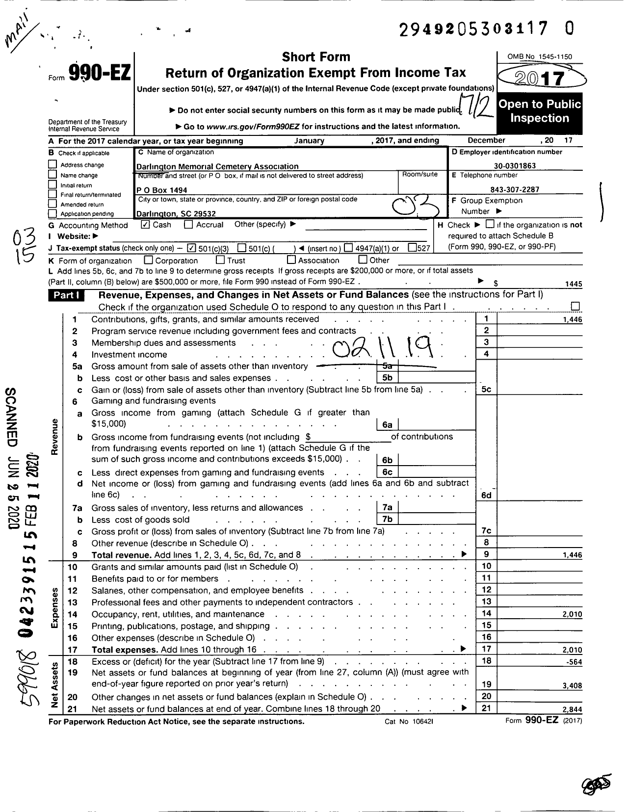 Image of first page of 2017 Form 990EZ for Darlington Memorial Cemetery Association