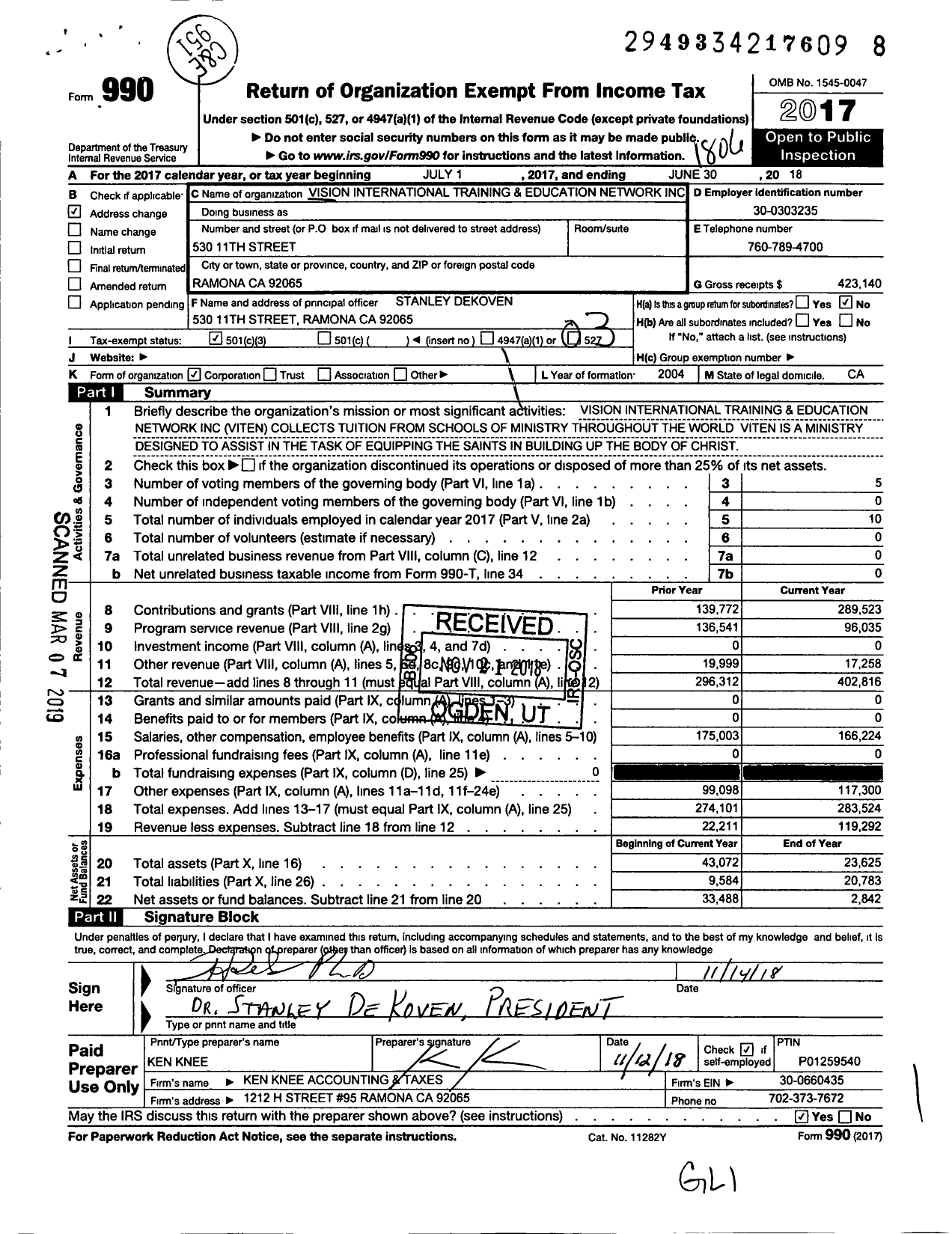 Image of first page of 2017 Form 990 for Education Network / Vision International Training