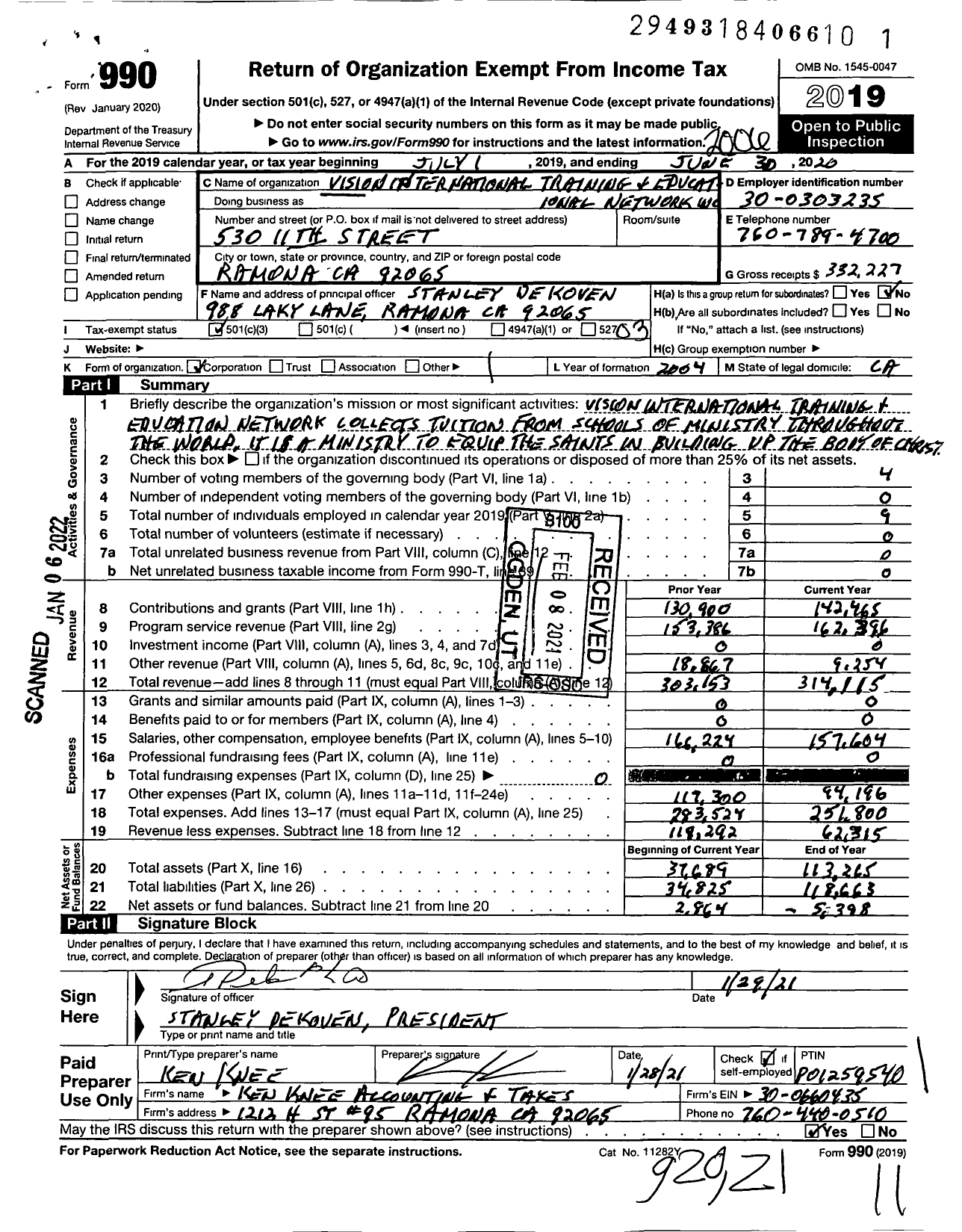 Image of first page of 2019 Form 990 for Education Network / Vision International Training