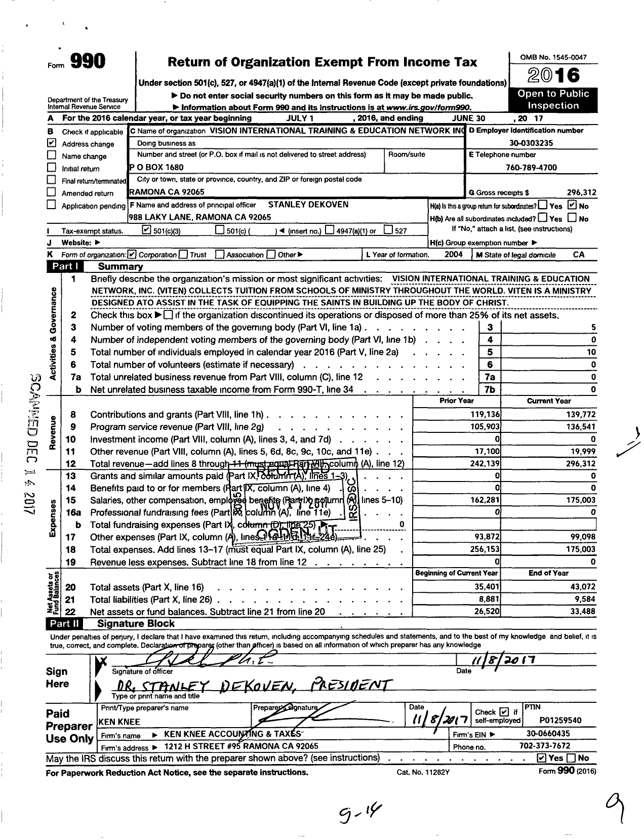 Image of first page of 2016 Form 990 for Education Network / Vision International Training