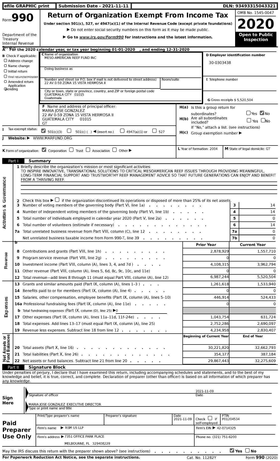 Image of first page of 2020 Form 990 for Meso-American Reef Fund