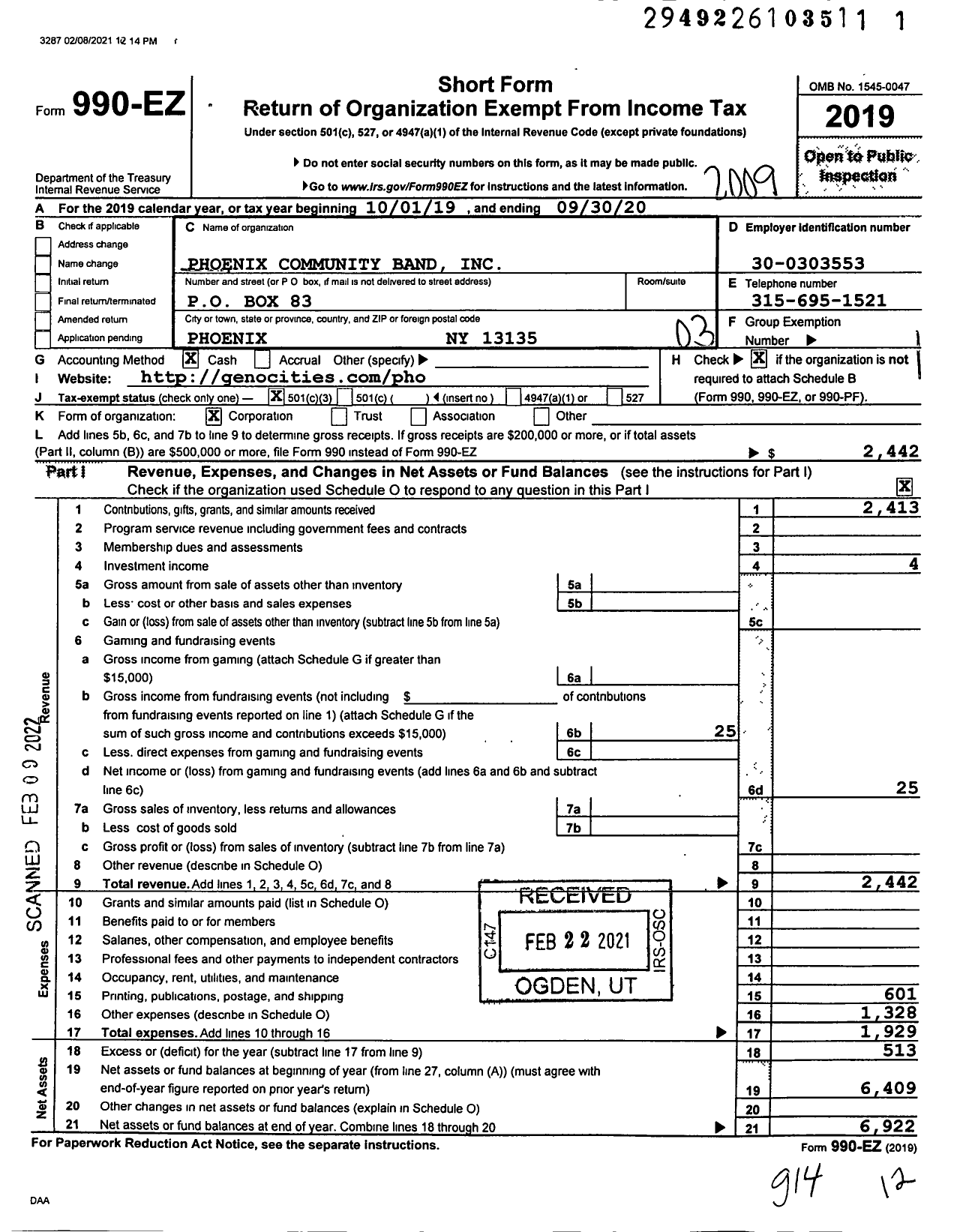 Image of first page of 2019 Form 990EZ for Phoenix Community Band