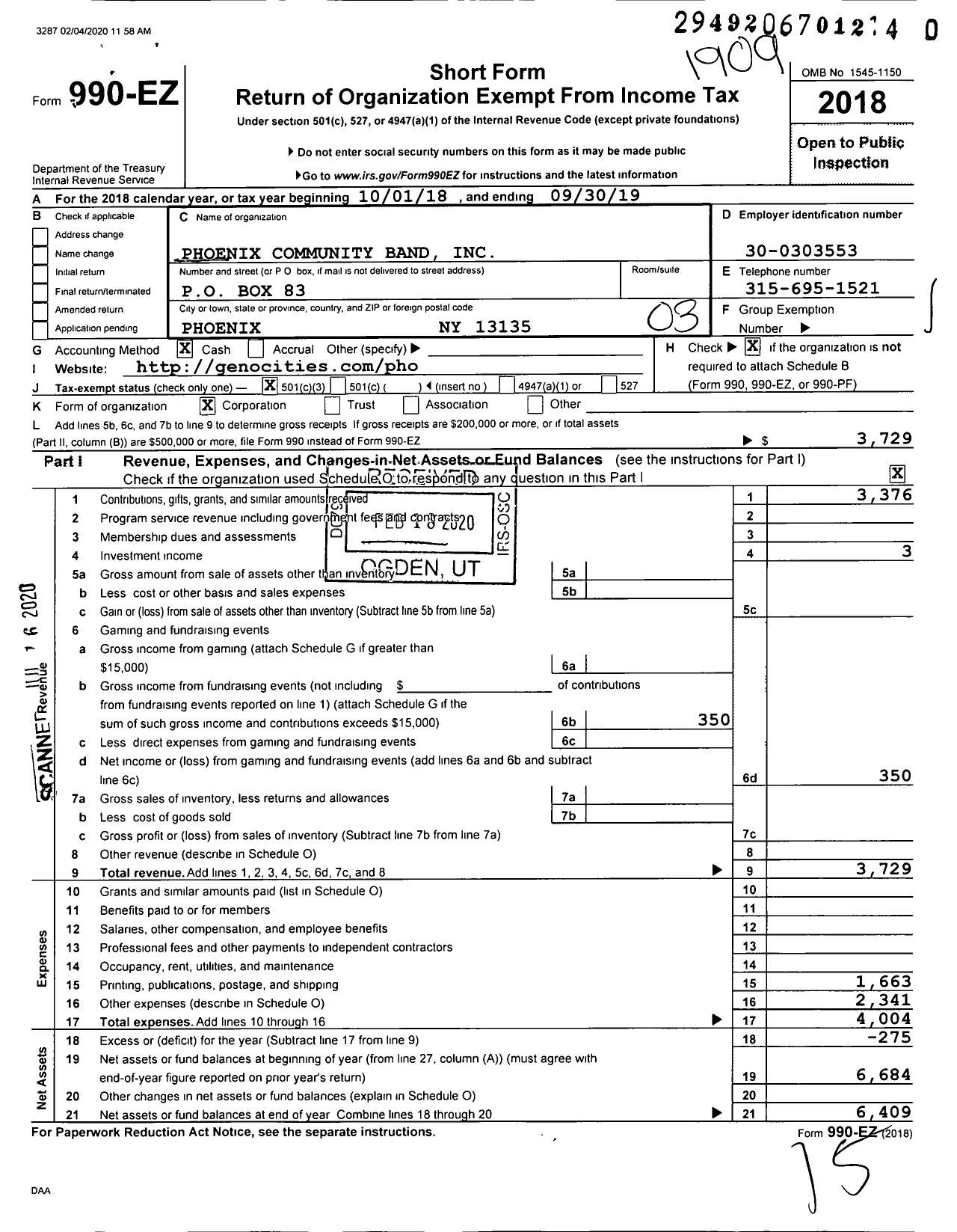 Image of first page of 2018 Form 990EZ for Phoenix Community Band