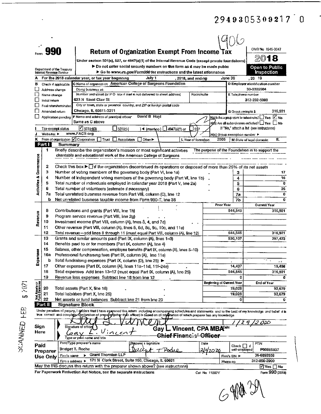 Image of first page of 2018 Form 990 for American College of Surgeons Foundation