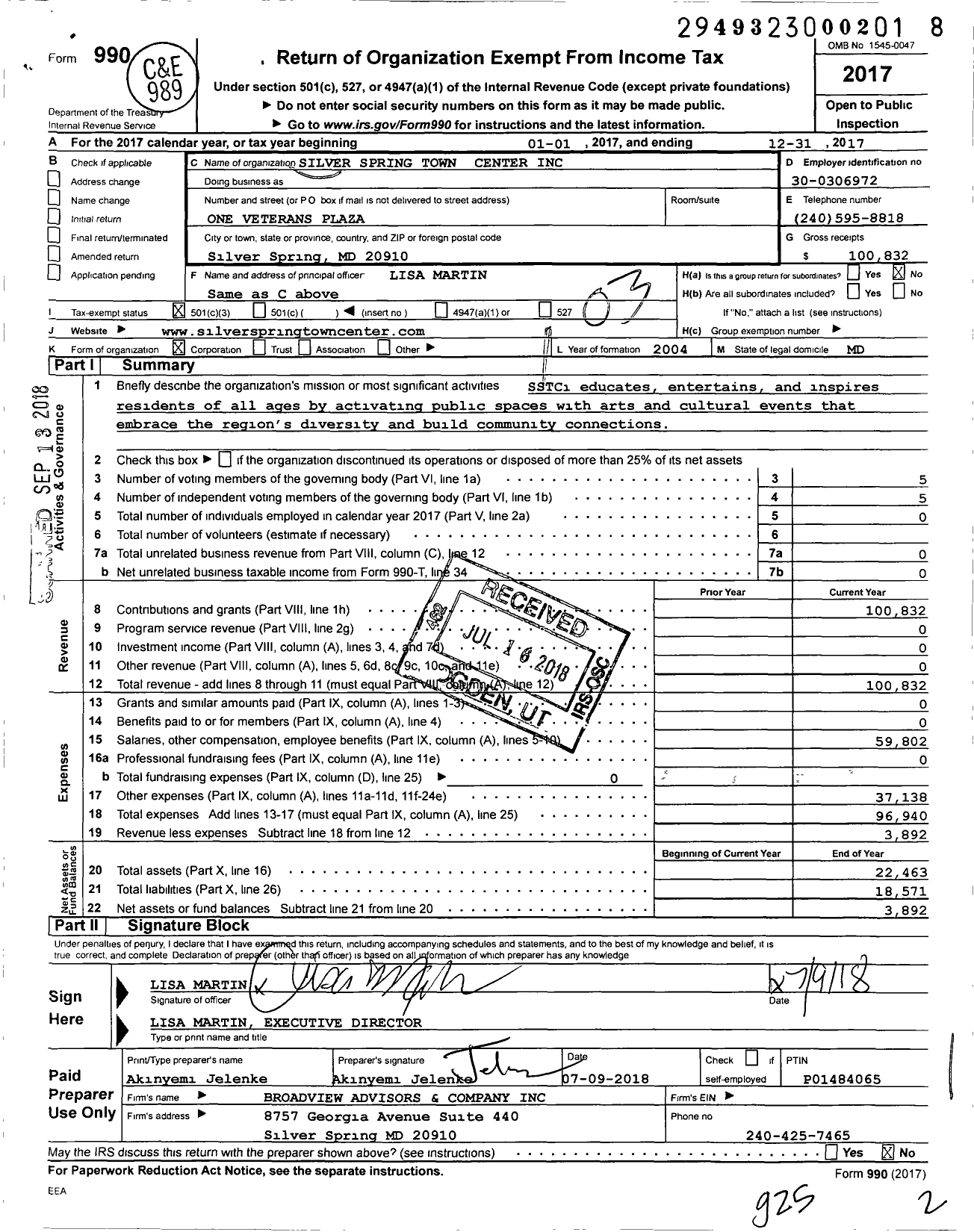 Image of first page of 2017 Form 990 for Silver Spring Town Center