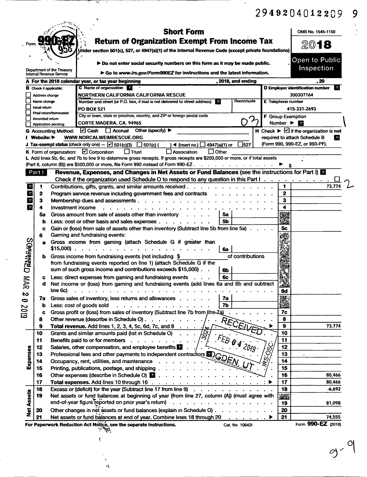 Image of first page of 2018 Form 990EZ for Northern California Weimaraner Rescue