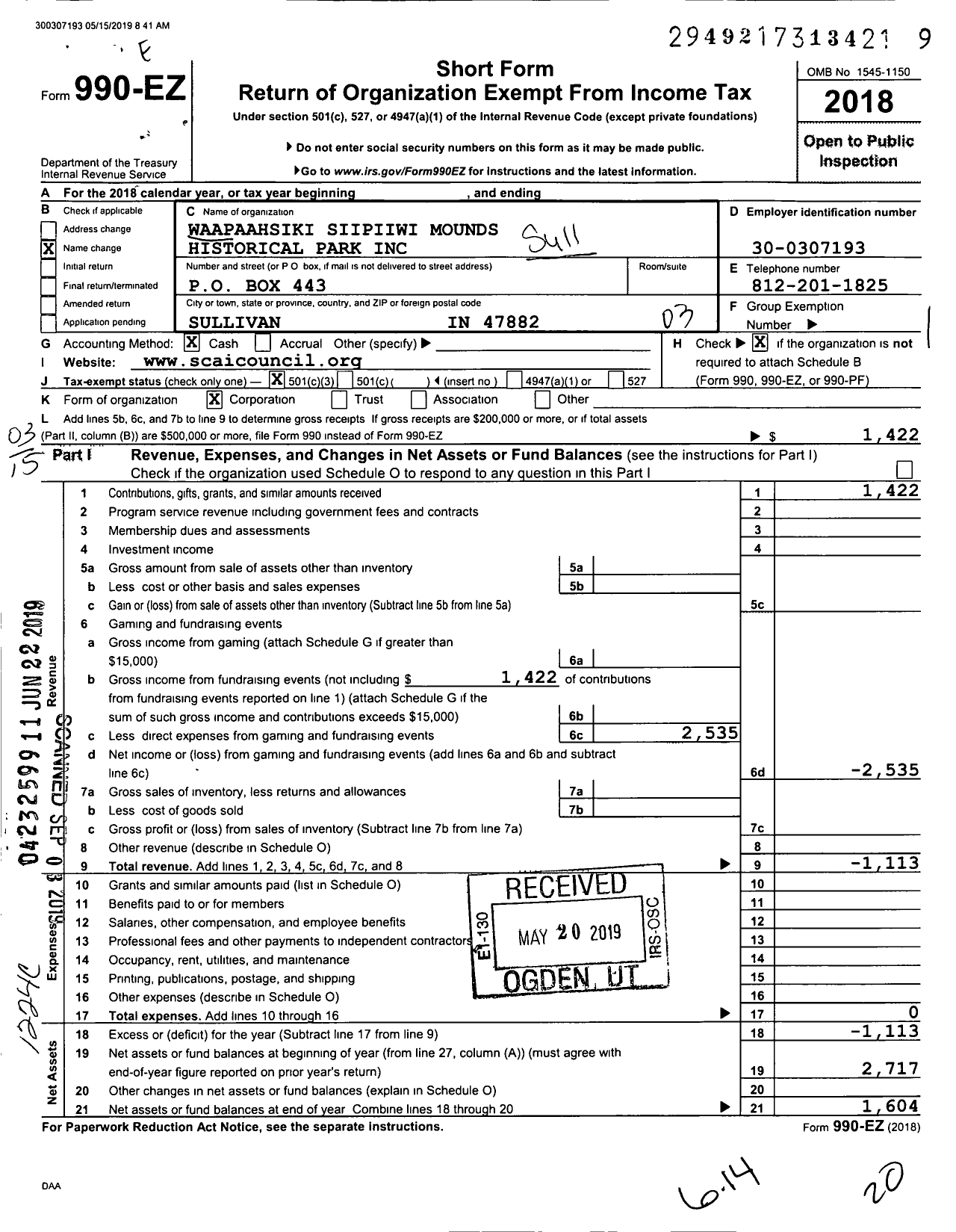 Image of first page of 2018 Form 990EZ for Sullivan County American Indian Council