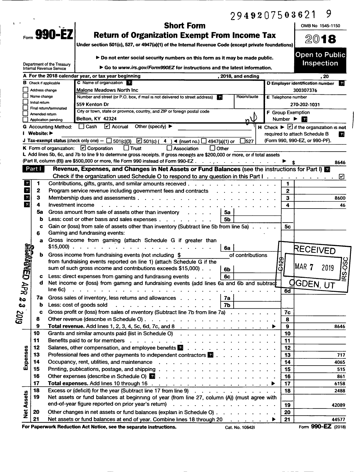 Image of first page of 2018 Form 990EO for Malone Meadows North