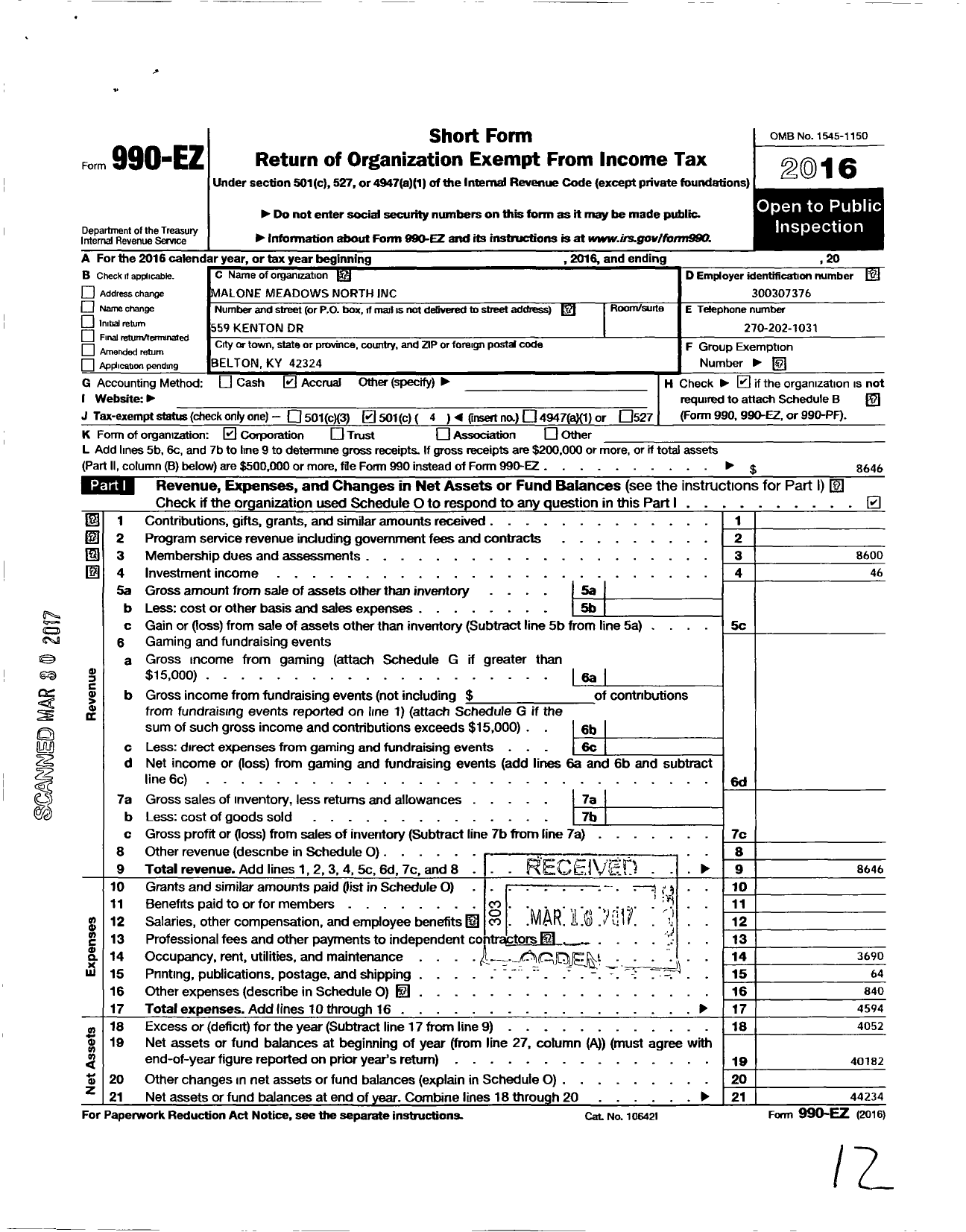 Image of first page of 2016 Form 990EO for Malone Meadows North