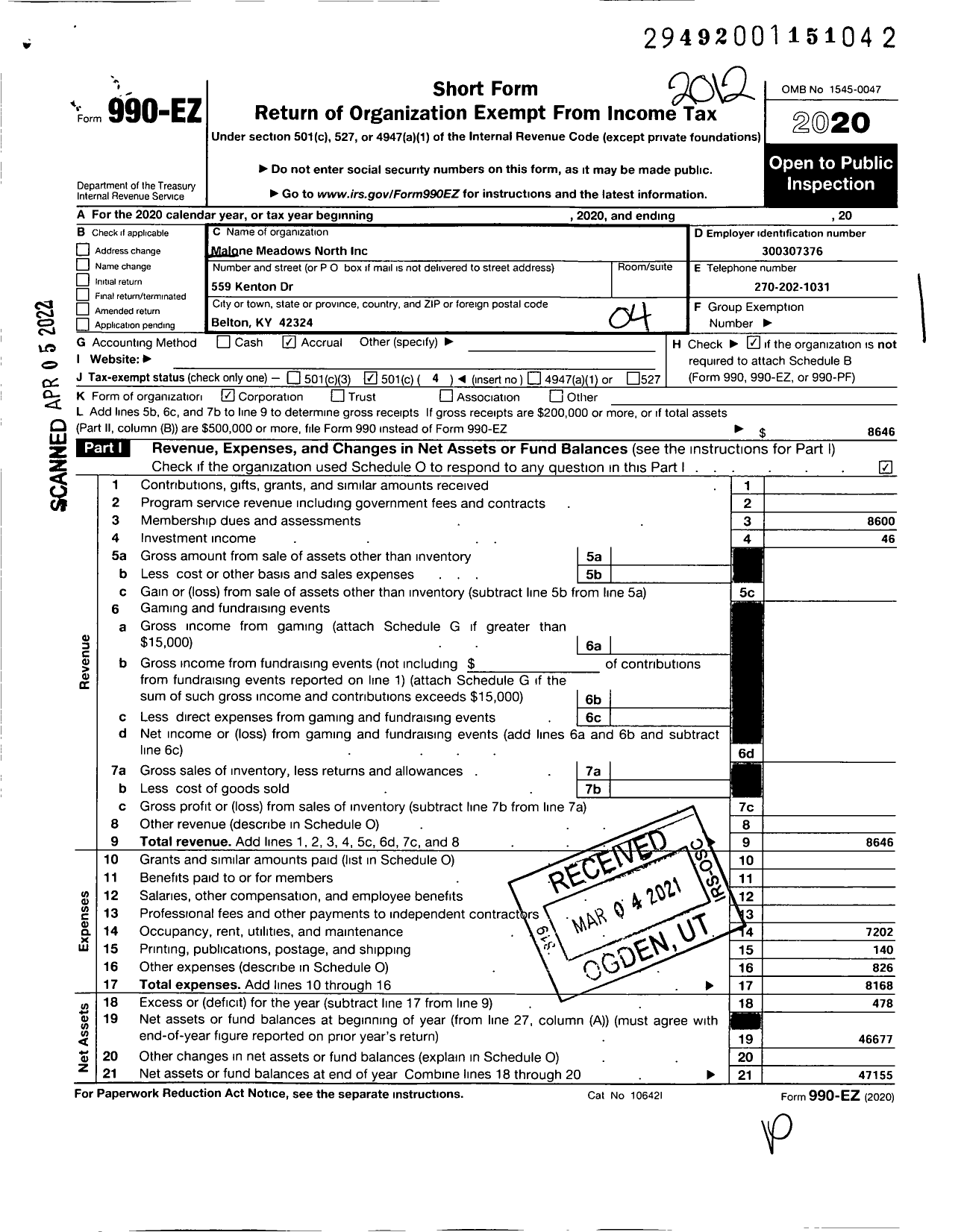 Image of first page of 2020 Form 990EO for Malone Meadows North