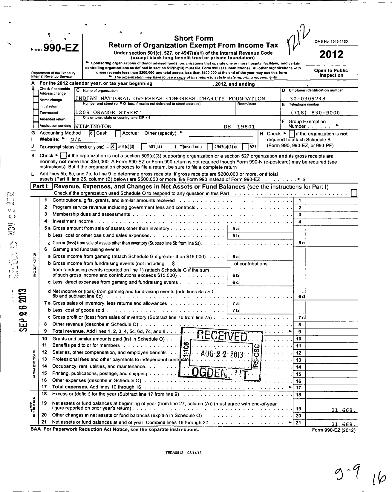 Image of first page of 2012 Form 990EZ for Indian National Overseas Congress Charity Foundation