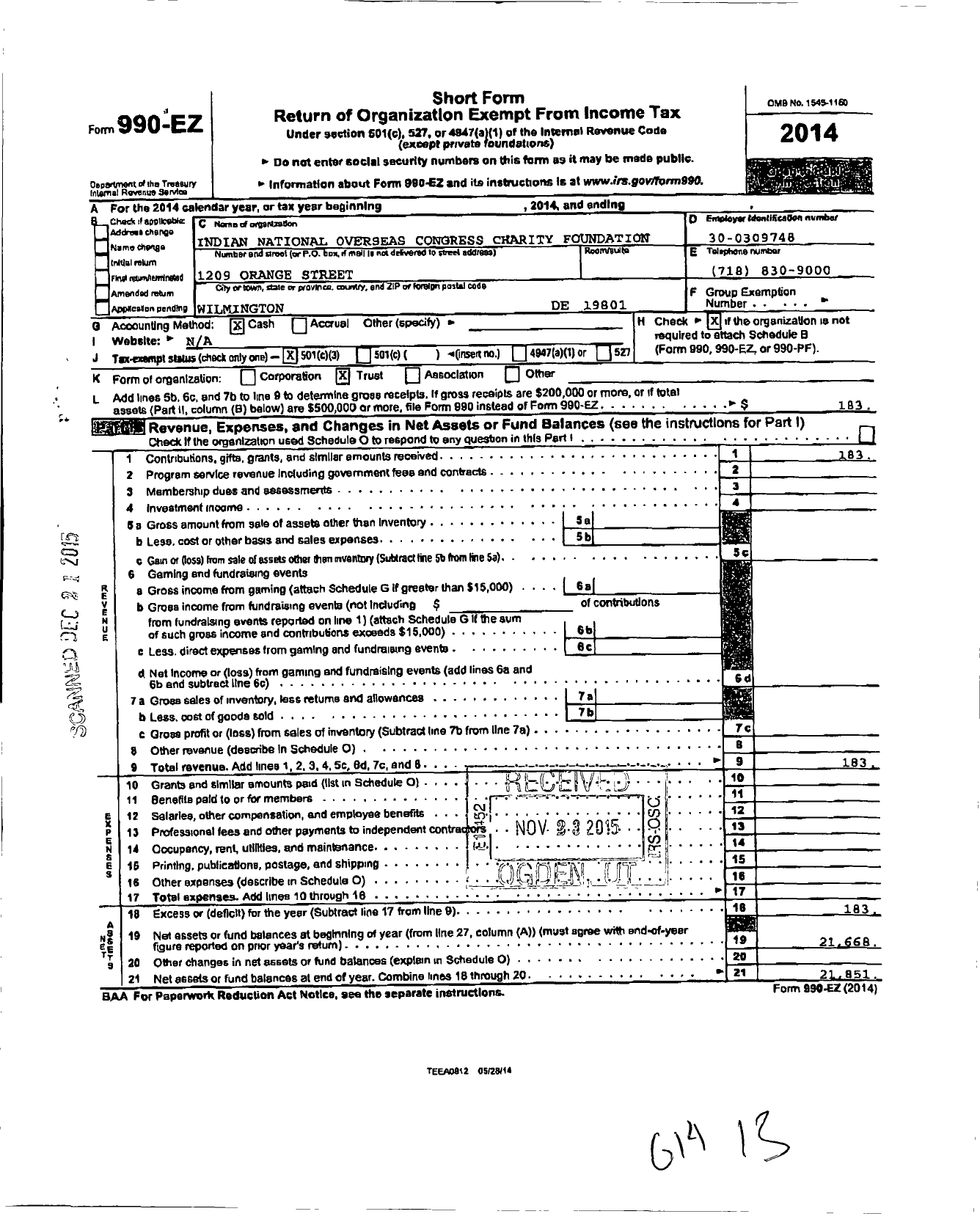 Image of first page of 2014 Form 990EZ for Indian National Overseas Congress Charity Foundation