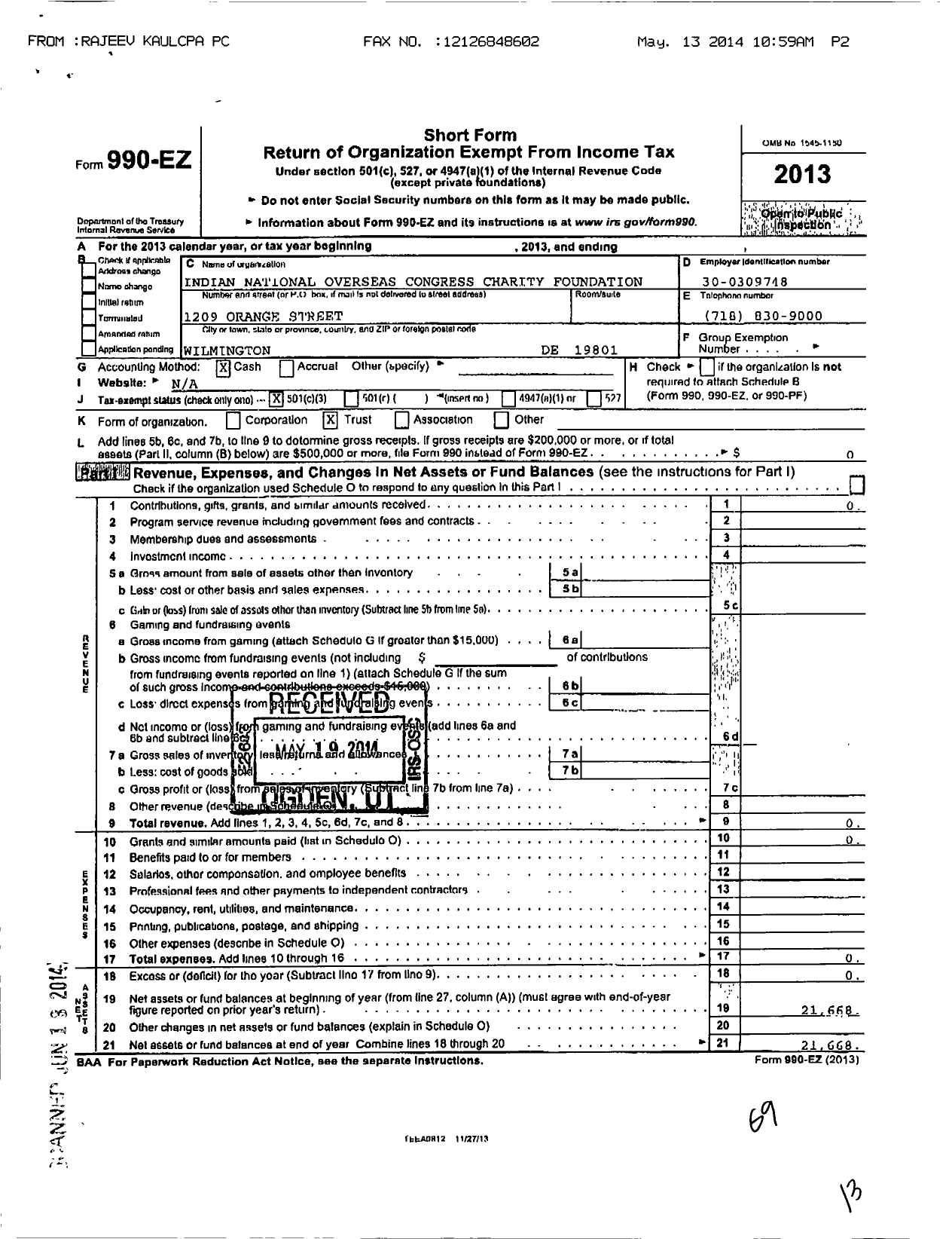 Image of first page of 2013 Form 990EZ for Indian National Overseas Congress Charity Foundation