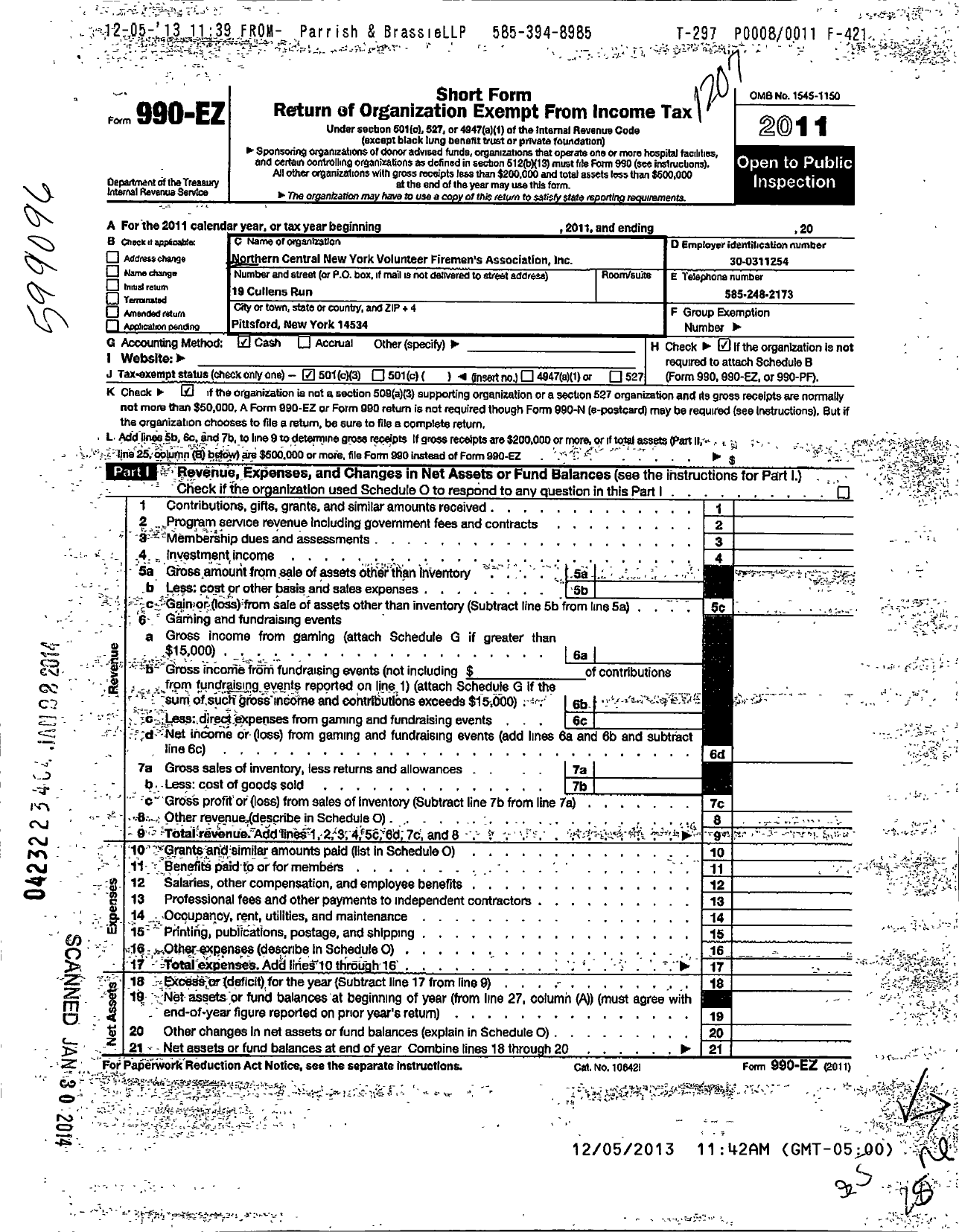 Image of first page of 2011 Form 990EZ for Northern-Central New York Volunteer Firemens Association