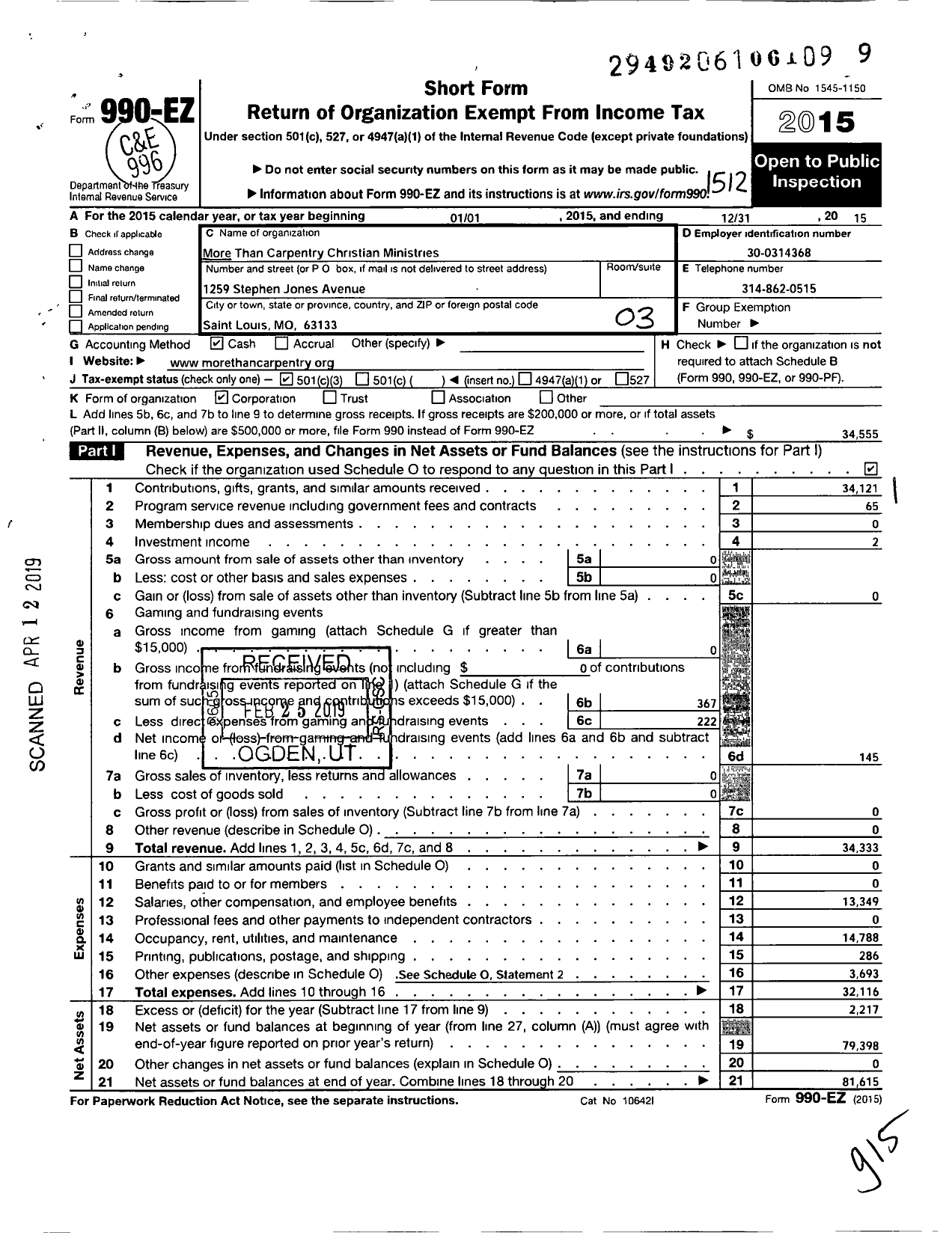 Image of first page of 2015 Form 990EZ for More Than Carpentry Christian Ministries