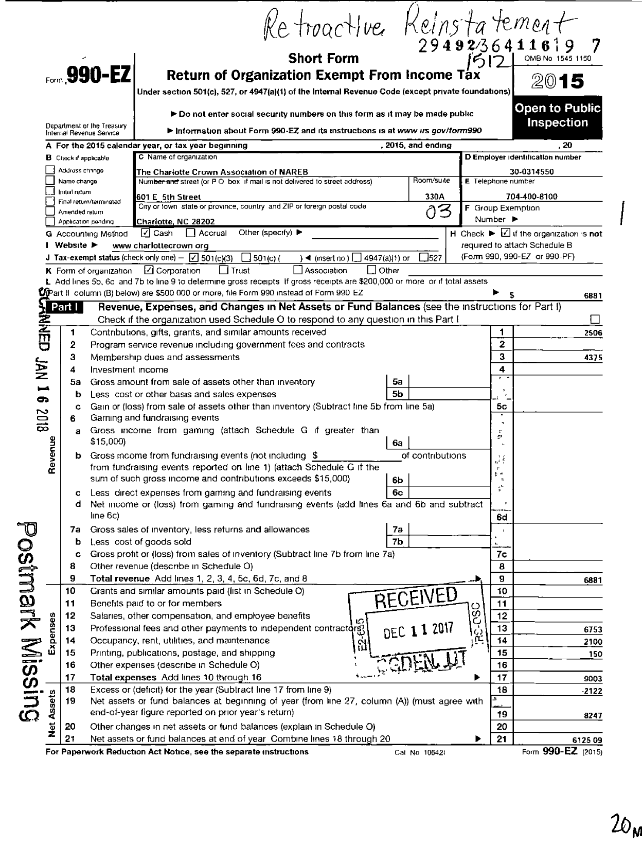 Image of first page of 2015 Form 990EZ for The Charlotte Crown Realtist Association