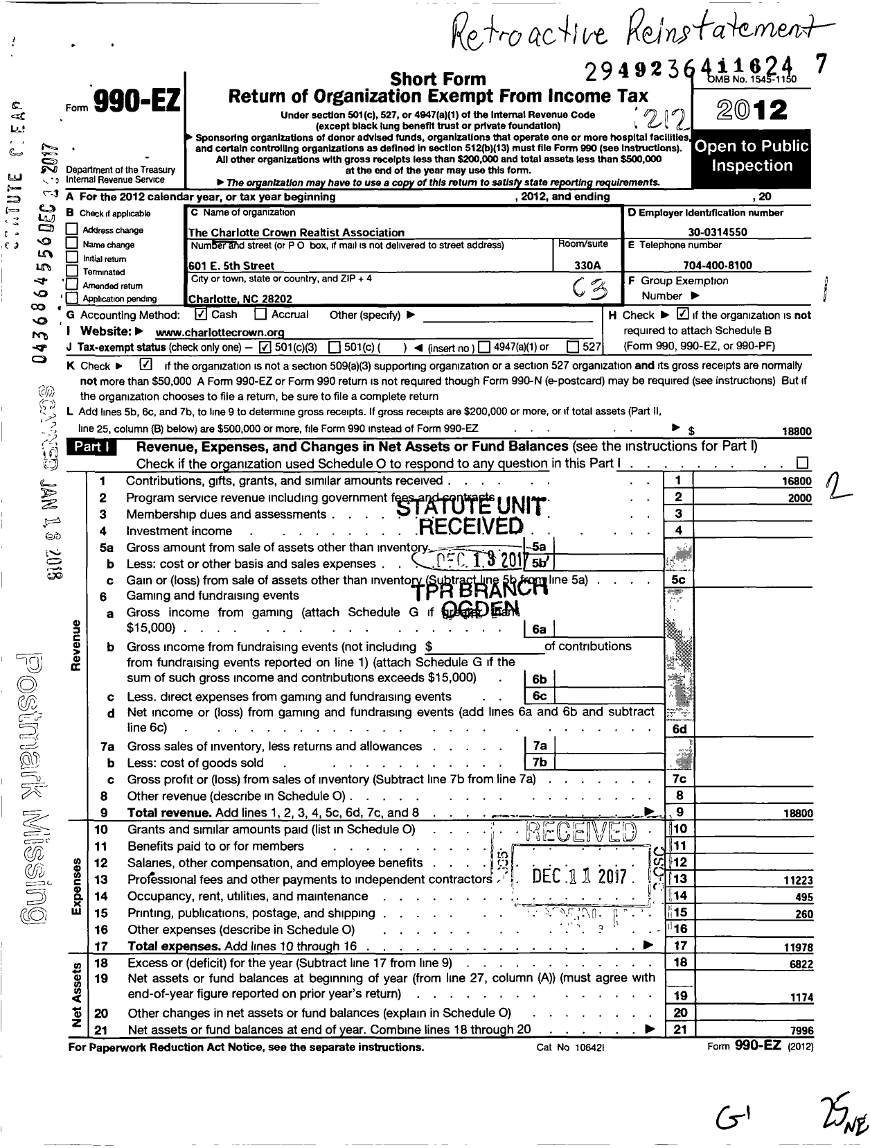 Image of first page of 2012 Form 990EZ for The Charlotte Crown Realtist Association