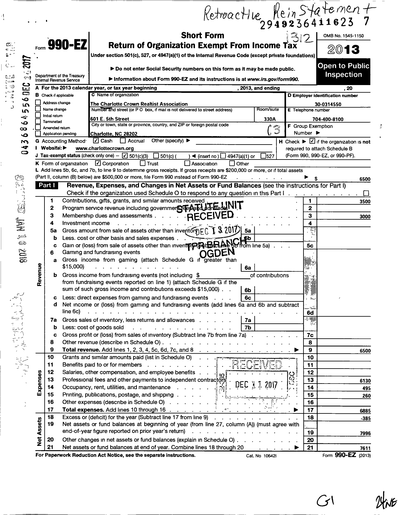 Image of first page of 2013 Form 990EZ for The Charlotte Crown Realtist Association