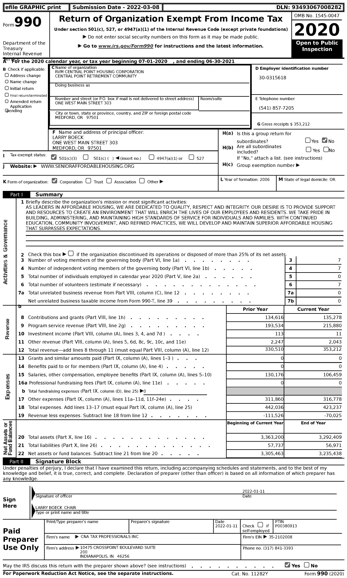 Image of first page of 2020 Form 990 for RVM Central Point Housing Corporation Central Point Retirement Community