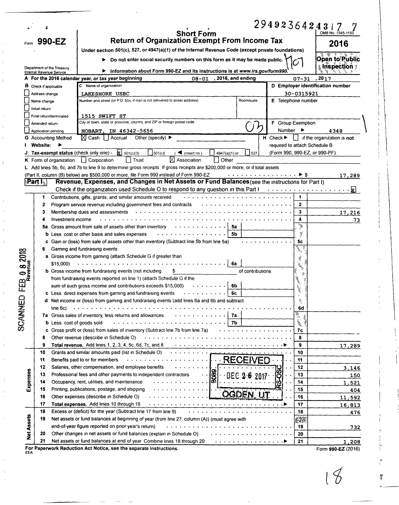 Image of first page of 2016 Form 990EZ for United States Bowling Congress - 86387 Lakeshore Usbc