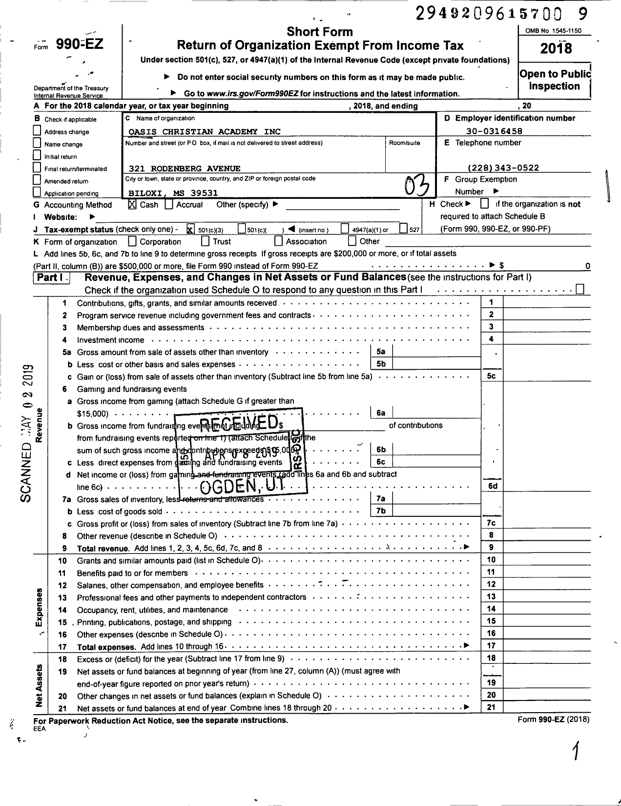 Image of first page of 2018 Form 990EZ for Oasis Christian Academy