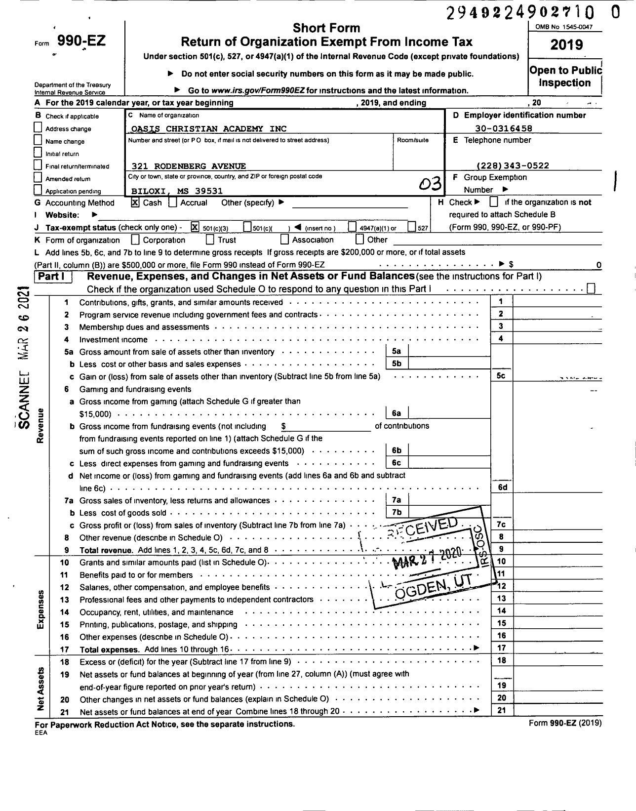 Image of first page of 2019 Form 990EZ for Oasis Christian Academy