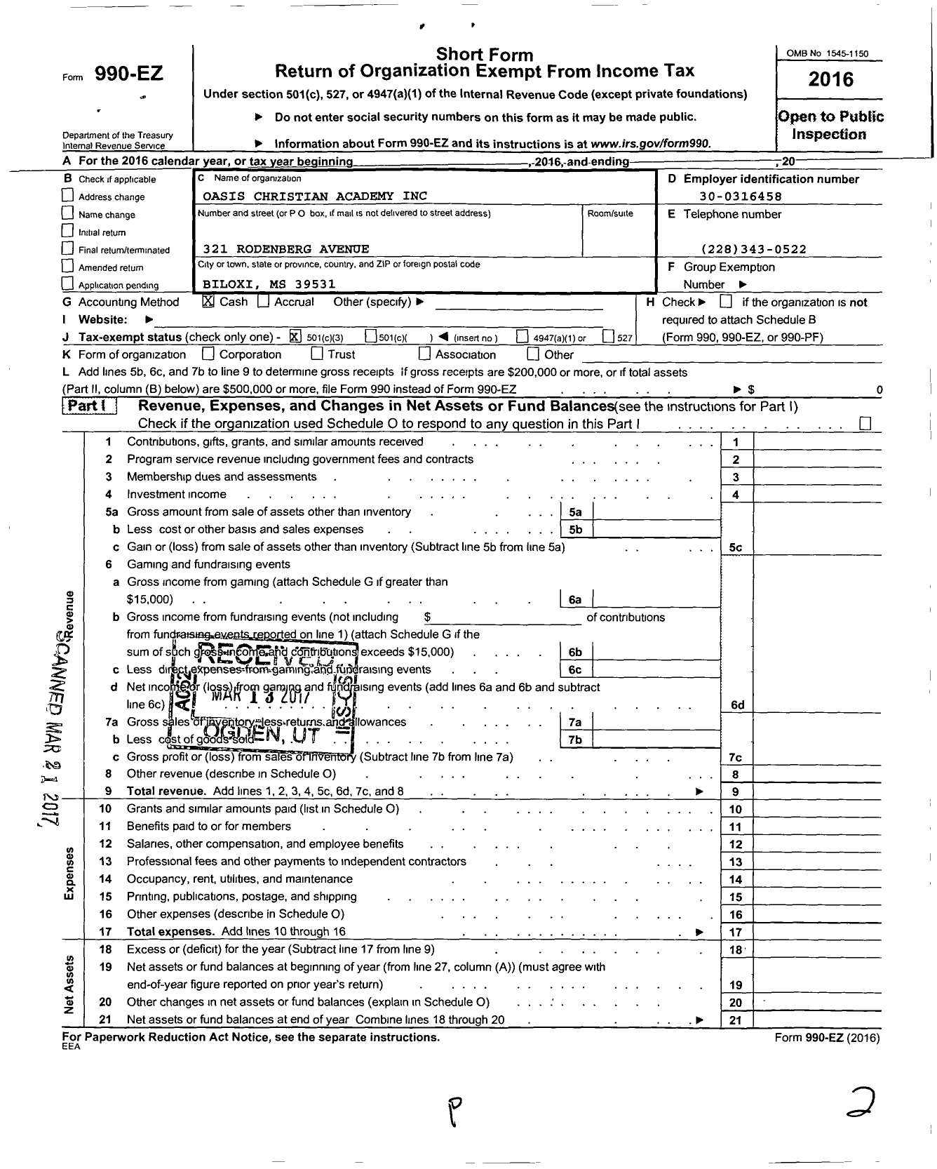 Image of first page of 2016 Form 990EZ for Oasis Christian Academy