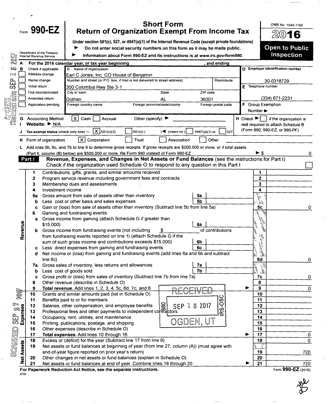 Image of first page of 2016 Form 990EZ for Earl C Jones