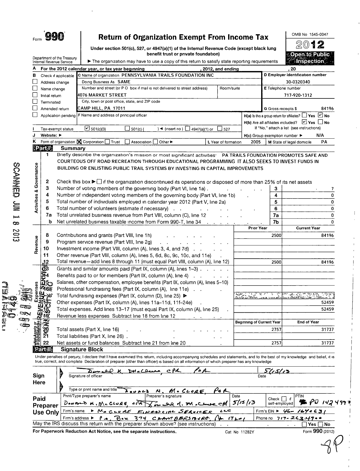 Image of first page of 2012 Form 990 for Pennsylvania Trails Foundation